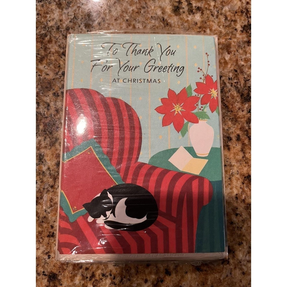 Vintage Christmas Thank You Cards 8‎ Pack With Envelopes Hallmark Cat Design NOS